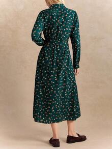 Écloséra 时尚休闲法式复古碎花衬衫领腰带装饰长袖春秋女装 - 墨綠色 - 查看 6