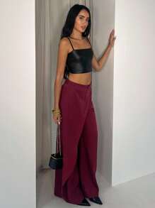 Glamine Burgundy Pocket Spliced Suit Pants,Summer Chic Night Out Long Pants,Urban Office Edit,Elegant Versatile Commute Essential,Retro Minimalist Modern Look - Red - View 7