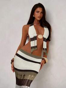 Aloruh 女士春夏新款钩针编织两件套，优雅性感度假风沙滩装，吊带露背短款上衣+超低腰镂空长裙，秋冬新款女士毛衣套装 - 咖啡棕 - 查看 7