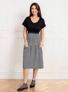 SHEIN LUNE Women Houndstooth Pleated Skirt, Elegant Autumn Valentine's Day New Years Women Spring - Black and White - View 3