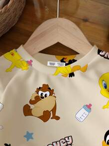 LOONEY TUNES X SHEIN 男婴圆领长袖杏色和米色舒适休闲卡通可爱英文字母印花图案卫衣 - 白色 - 查看 3