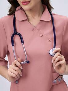 Scrubzie Asymmetrical Collar Embroidered Long Scrub Uniform Top