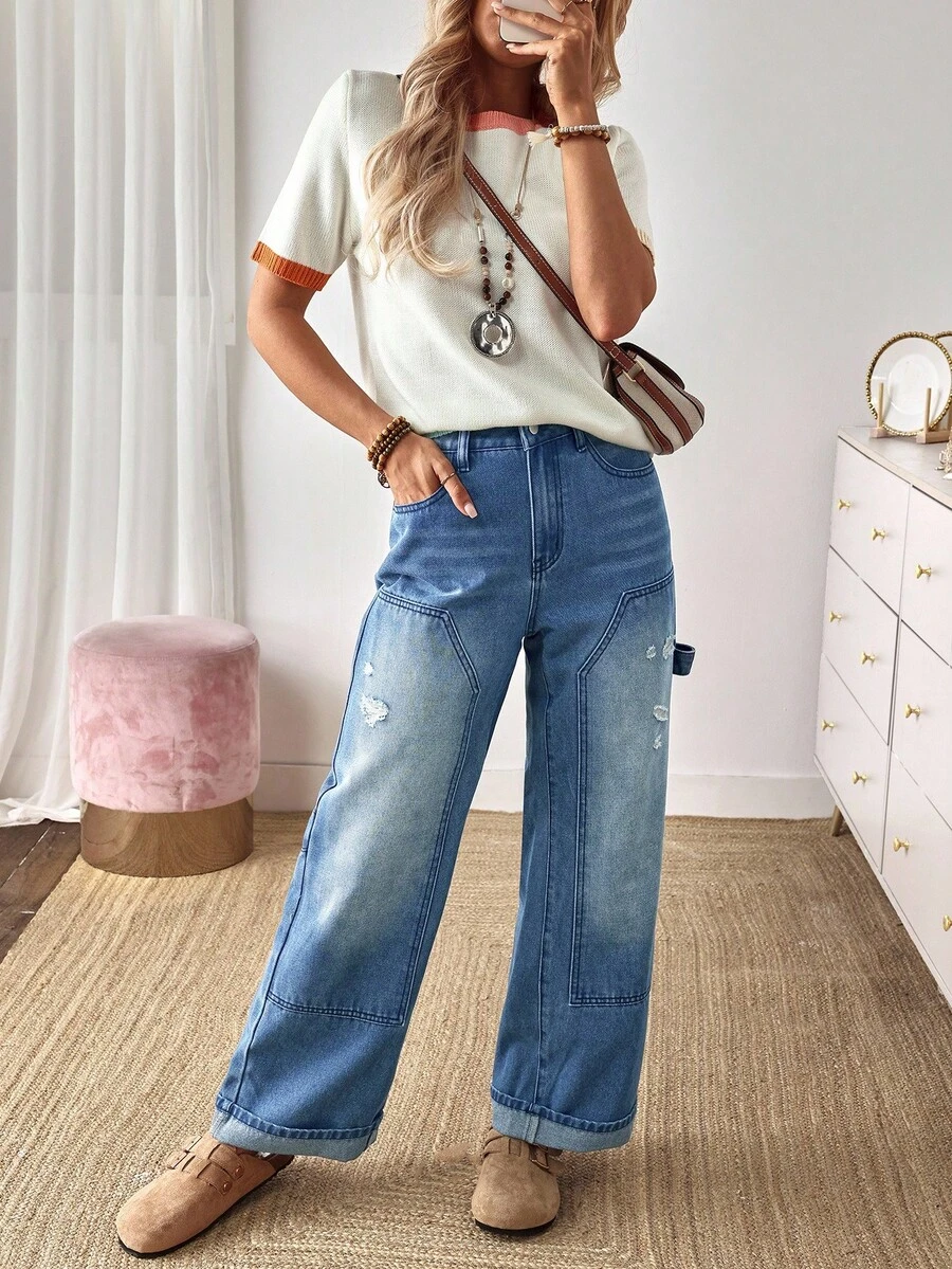 EMERY ROSE 女式休闲水洗做旧直筒牛仔裤 - 藍色 - 查看 1