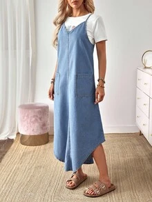 EMERY ROSE Women's Summer Casual Dual Pocket Arc Hem Strap Denim Dresswestern Wear Women/Old Money Style/Bohemian - Blue - View 3