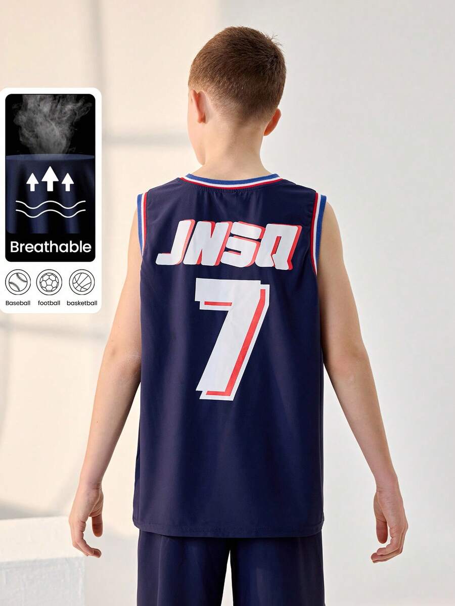 JNSQ Outdoor Professional Sports Vest Jersey, Children's Patchwork Contrast Color Front Number Print Outdoor Professional Sports Vest Jersey Top - Blue - View 1