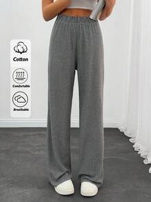 EURMUSE Casual Style, Shinny Rib Elasticated Belt Pant - Grey - View 1