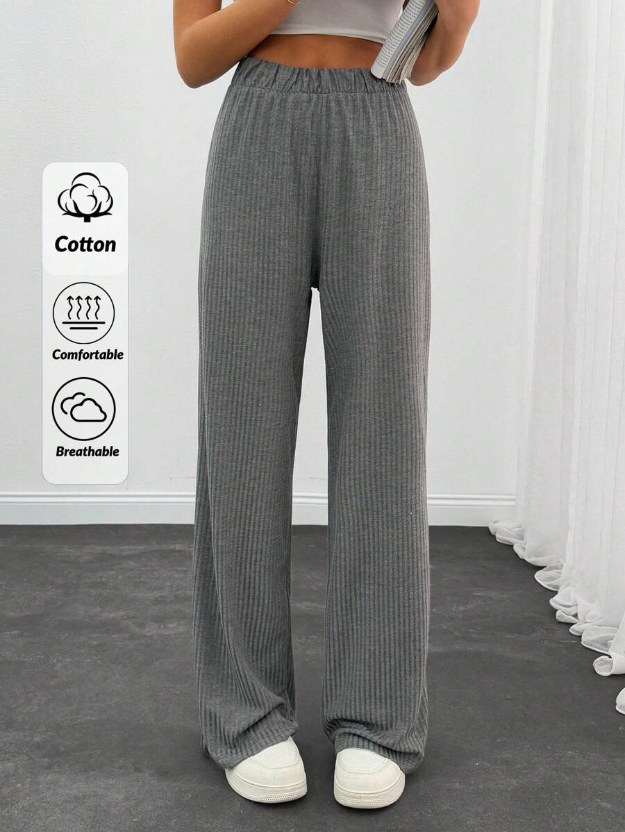 EURMUSE Casual Style, Shinny Rib Elasticated Belt Pant - Grey - View 1