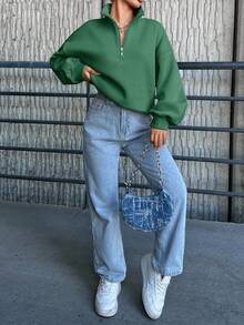 SHEIN Cottnline Solid Color Women's Drop Shoulder Zip Up Sweatshirt - Green - View 4