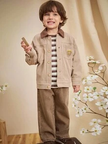 Loomiva 1pc Young Boys' Casual, Comfortable, Fashionable, Practical, Cute, Soft, Thick Corduroy Fabric Long Jacket, Suitable For Daily Wear, School, Outings, Sports, Autumn/Winter