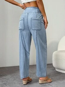 SHEIN PETITE Women's High Waist Pockets Casual Straight Leg Pants Loose Jeans - Light Wash - View 2