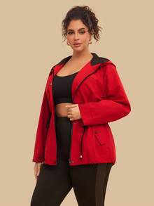 SHEIN VCAY 大码女式户外徒步防水连帽收腰长袖口袋夹克，适合秋冬季，红色 - 紅色 - 查看 3