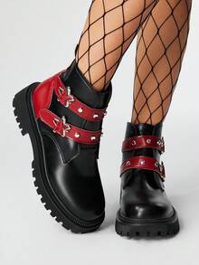 ROMWE Grunge Punk Women Punk Style Ankle Boots, Colorblock Round Toe Chunky Platform 5cm Heel, Metallic Studs, Double Hook And Loop Strap, PU Leather, Daily & Casual - Black - View 1