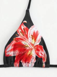 2025 休闲度假细肩带三角上衣、侧系带三角下装和长网纱裙女式三件套泳衣比基尼套装 - 黑色 - 查看 3