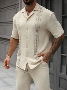 Manfinity Homme Herren Set aus Kurzarm Hemd mit Knittertextil und Muster sowie Hose mit Kordelzug und Gummibund, perfektes Geschenk für Freund oder Ehemann, vielseitig einsetzbar für Urlaub, Party, Lässig Wear, gemütliche Outfits - Aprikosenfarben - Übersicht 6