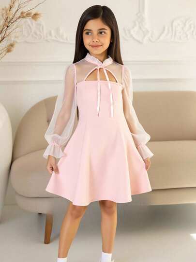 SHEIN Tween Girls Elegant & Glamorous Mesh Contrast Hollow-Out Flared Princess Dress