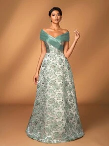 Serin 优雅奢华露肩提花缎面褶皱欧根纱褶皱 A 字裙，适合婚礼、活动、单身派对、度假、庆典、新娘母亲礼服 - 綠色 - 查看 4