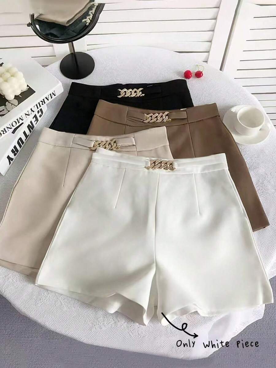 EMERY ROSE Women's Metal Chain Embellished Fashionable Shorts - White - View 1