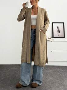 EURMUSE 女士纯色落肩长袖口袋休闲长款开衫 - 米色 - 查看 1