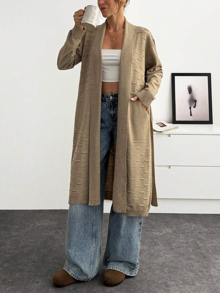 EURMUSE 女士纯色落肩长袖口袋休闲长款开衫 - 米色 - 查看 1