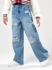 SUMWON Wide Leg Distressed Denim Pants Ripped Frayed Hems Loose Fit Y2K Fashion Street Style Festival Casual Everyday Wear Autumn Spring