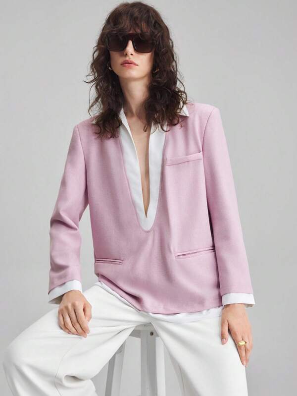 Ontre 2025 New Women's Solid Color Patchwork Long Sleeve Minimalist Suit Jacket, Daily Commute, Spring, Retro Style In Fall/Winter