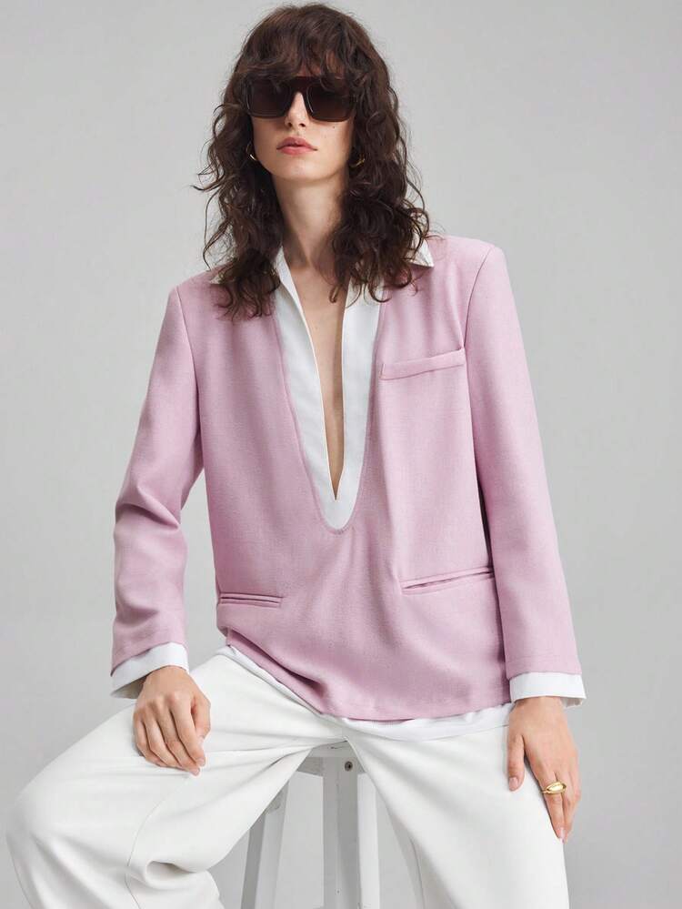 Ontre 2025 New Women's Solid Color Patchwork Long Sleeve Minimalist Suit Jacket, Daily Commute, Spring, Retro Style In Fall/Winter - Pink - View 1
