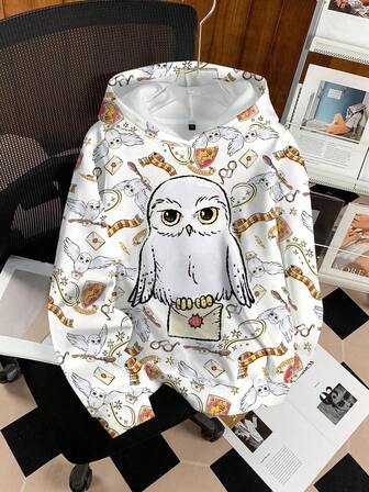 HARRY POTTER X SHEIN Women's Fall Casual Hedwig Print Hooded Sweatshirt