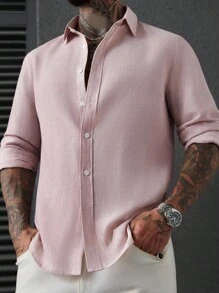 Manfinity Homme Men's Casual Formal Linen Long Sleeve Shirt Men Linen Shirt Men Summer Shirt Men Fashion Shirt Men Dress Shirt Pink Linen Shirt,Fall - Pink - View 6