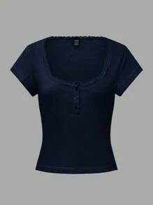Zielony Sweet Lace Trim Short Sleeve T-Shirt For Women, Summer New Slim Fit 3-Button Front Half Sleeve Top