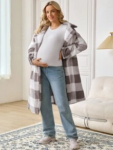 SHEIN Maternity Casual Plaid Regular Jacket, Autumn/Winter - Khaki - View 7