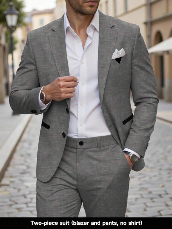 Manfinity Bizformal Men's Casual Business 2 Pieces Suit, Solid Color Suit Set Jacket And Pants, Simple Fashion Casual Daily Wear Wedding Suit Prom Suit Men, Suitable For Valentine's Day Anniversary And Other Occasions, It Is A Great Gift For Your Boyfriend Or Husband.