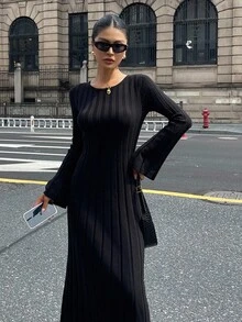 DAZY Abito maglione aderente a maniche lunghe con collo tondo da donna per l'autunno - nero - Visualizzare 2
