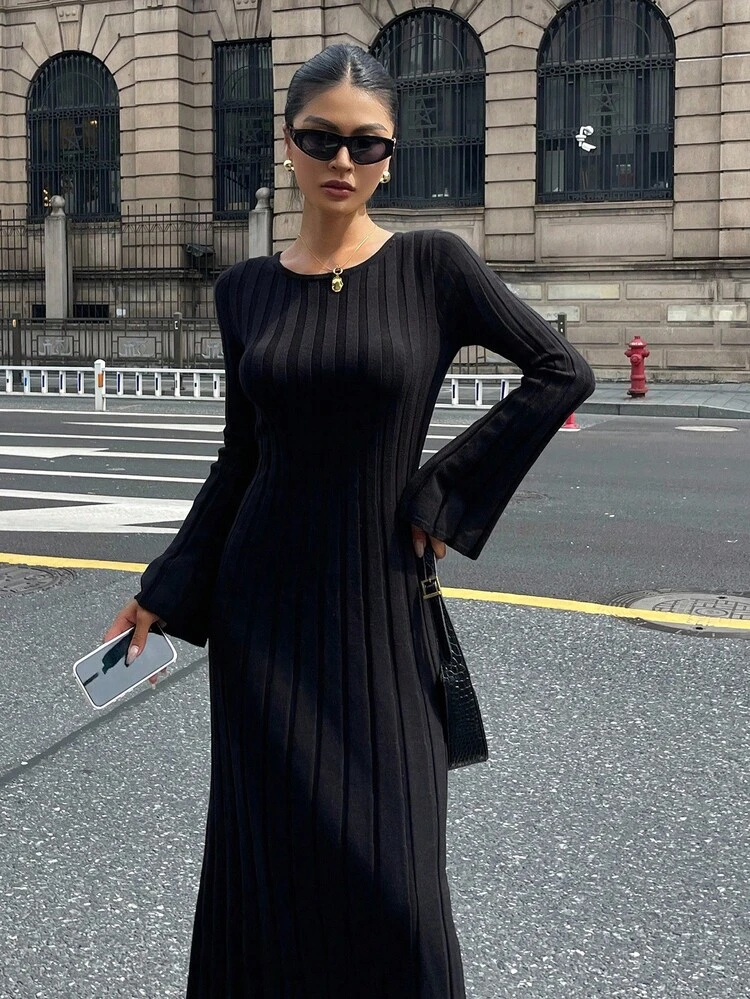 Women's Autumn Round Neck Long Sleeve Fitted Sweater Dress