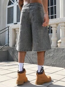ROMWE MEN Street Life Herren Weite 3/4 Hose aus Denim mit funkelnden Strass-Verzierungen - Blau - Übersicht 3