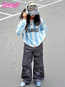 SHEIN Explorewe Streecool 儿童休闲校园风格青少年女孩秋冬舒适时尚运动别致字母和数字印花 V 领棒球夹克和宽松图案印花阔腿裤 2 件套