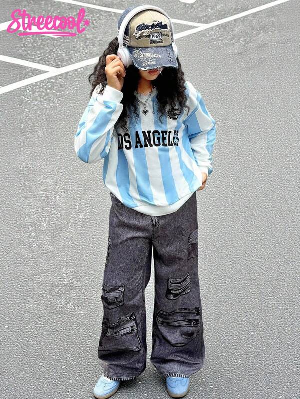 SHEIN Explorewe Conjunto de 2 piezas de niña preadolescente con chaqueta de béisbol estilo deportivo con estampado de letras y números, y pantalones anchos con estampado gráfico, para un estilo casual y cómodo en otoño/invierno