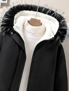 Tween Girl Long Hooded Padded Coat With Fur Collar And Large Pockets, Suitable For Casual Daily Wear, Commuting And School Fall Winter - Black - View 5