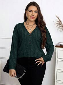 Elenzga Plus Size Casual Versatile Solid Color Long Sleeve T-Shirt Fall Cloth For Women - Dark Green - View 5