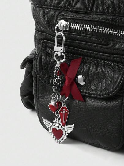 Grunge Punk 1 pièce Porte-clés et charm de sac en forme de pendentif Y2K vintage unique et de la série Halloween, avec chaîne creuse, nœud en ruban rouge, goutte d'huile, cercueil, pierre tombale, croix, perle ronde, aile, cœur. Convient pour le port quotidien des femmes/filles, cadeau de vacances