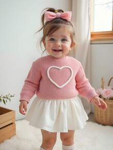 SHEIN Suéter versátil y lindo con patrón de amor para bebé y niña, prenda exterior de punto de una sola pieza - Rosa - Ver 3