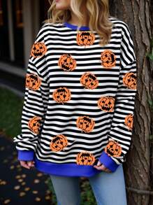 EMERY ROSE Halloween Casual Versatile Minimalist Blue White Black Contrast Stripe Letter Pumpkin Graphic Plus Size Sweatshirt, Suitable For Halloween, Autumn/Early Winter Fall - Multicolor - View 1