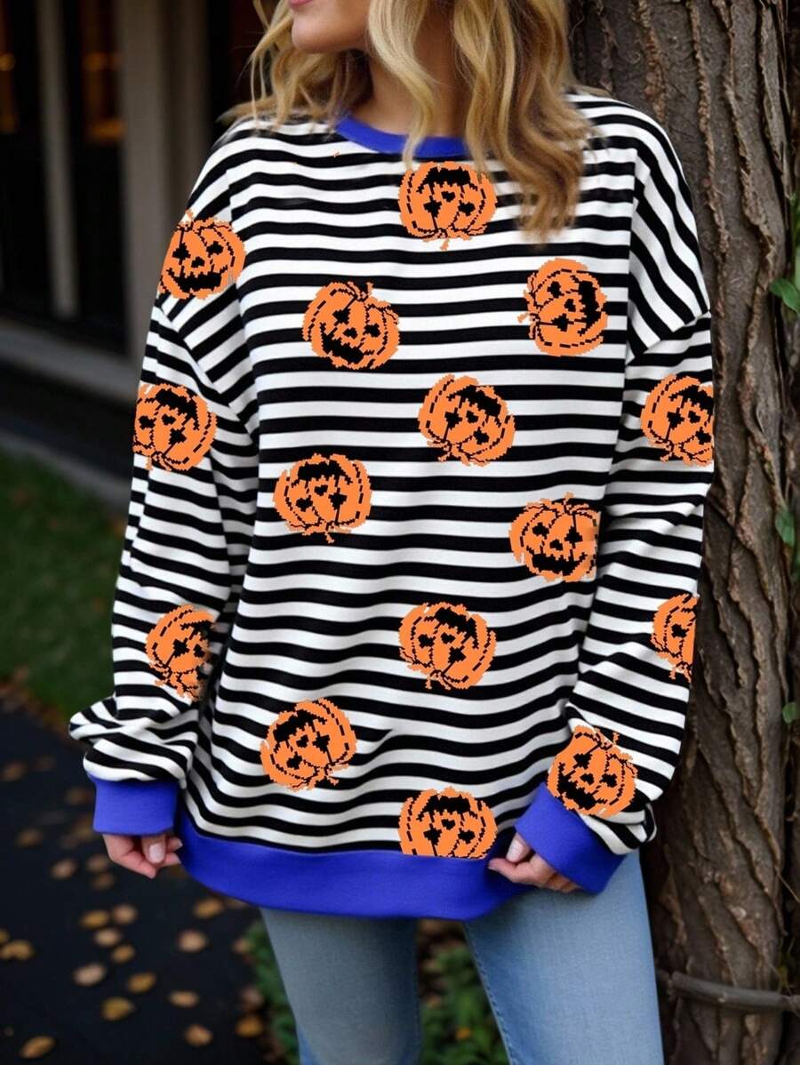 EMERY ROSE Halloween Casual Versatile Minimalist Blue White Black Contrast Stripe Letter Pumpkin Graphic Plus Size Sweatshirt, Suitable For Halloween, Autumn/Early Winter Fall - Multicolor - View 1