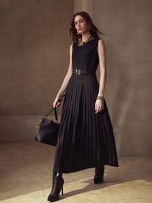 MOTF PREMIUM WOMEN'S PLEATED PATCHWORK ELEGANT DRESS - Black - View 1