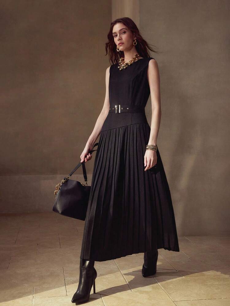 WOMEN'S PLEATED PATCHWORK ELEGANT DRESS