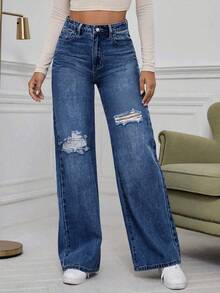 Quần jeans ống đứng ống đứng dáng rộng, giặt sờn rách cỡ lớn cho nữ, trang phục cao bồi màu xanh nhạt - Rửa tối - Xem 5