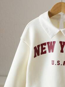 SHEIN Young Girl Letter Print Color Block 2 In 1 Thermal Lined Casual Crew Neck Long Sleeve Sweatshirt, Autumn/Winter Fall - Apricot - View 3