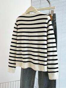 SHEIN Franclia 秋季新款休闲宽松黑白条纹开衫时尚减龄短款针织衫女