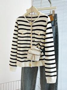 SHEIN Franclia 秋季新款休闲宽松黑白条纹开衫时尚减龄短款针织衫女