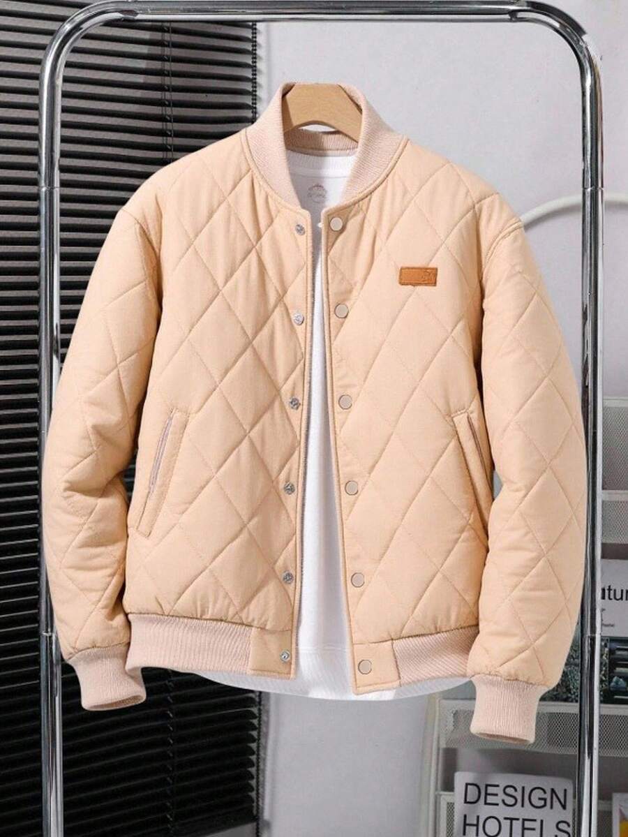 SHEIN 青少年男孩返校飞行夹克，休闲舒适百搭宽松厚冬季外套 - 杏色 - 查看 1