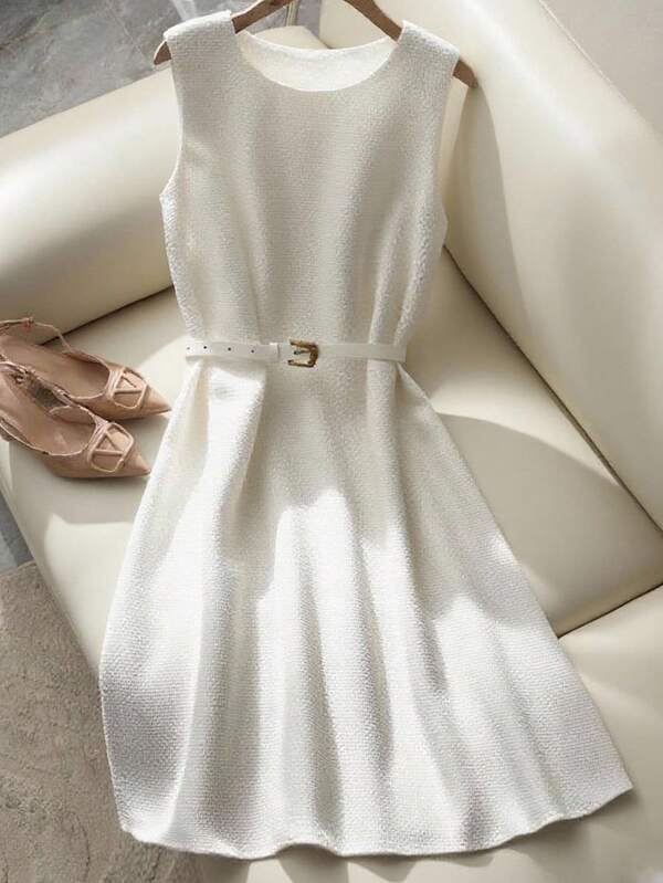 Franclia 女士纯色圆领无袖秋冬通勤连衣裙